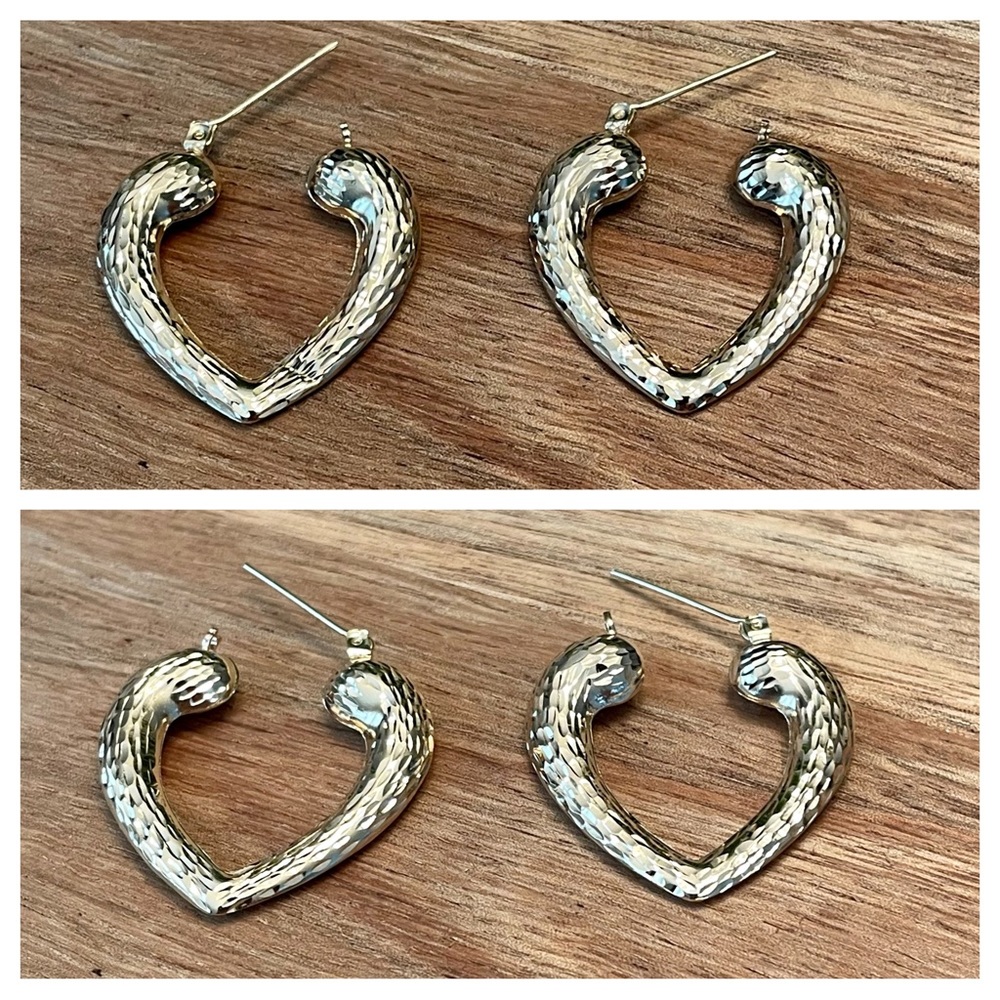 14 Karat Solid Gold Diamond Cut Heart-Shaped Earrings